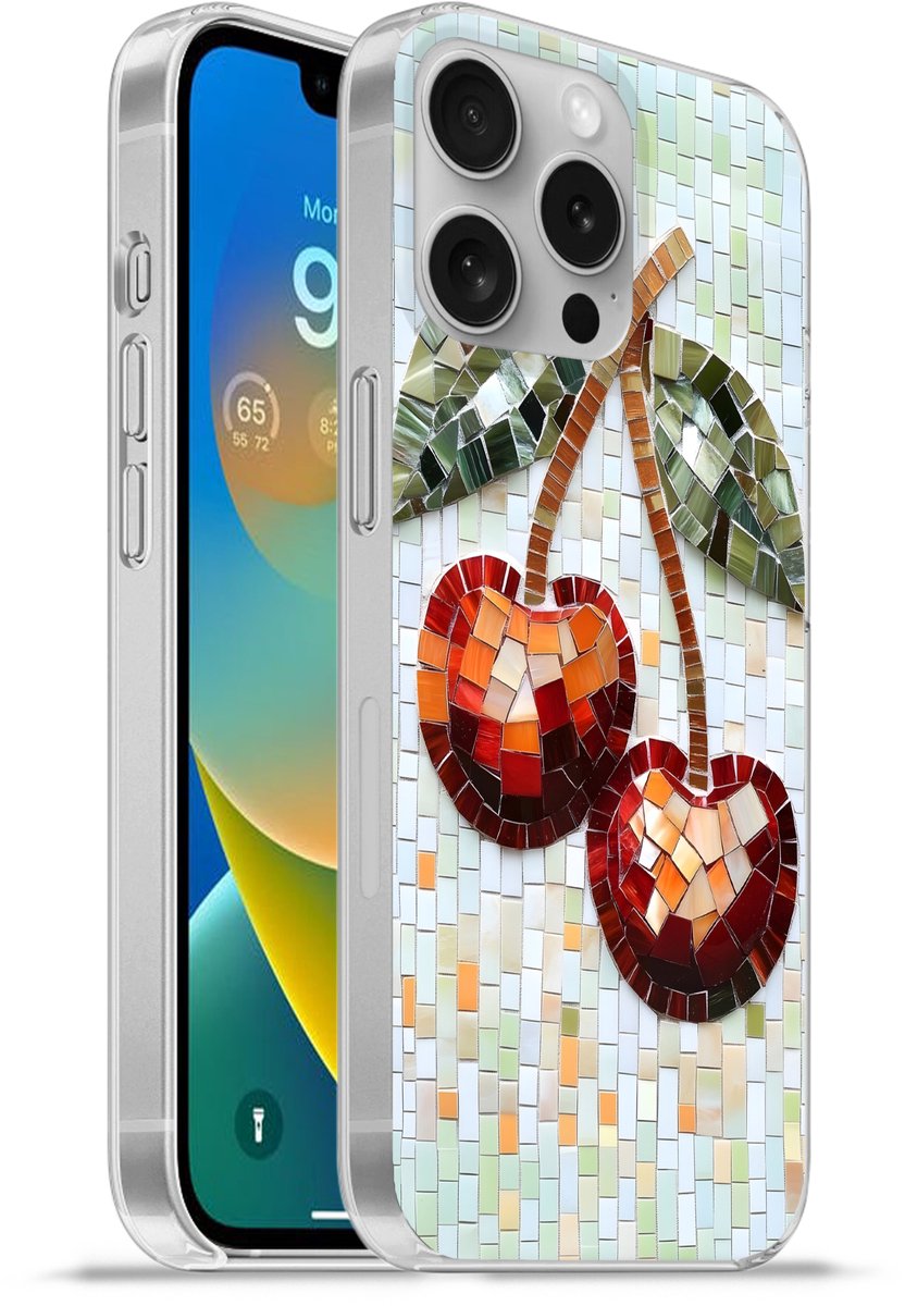 Telefoonhoesje Geschikt voor Apple Iphone 16 Pro hoesje - Kersen - Rood - Mozaïek - Blaadjes - Siliconen Telefoonhoesje Telefoonhoesje