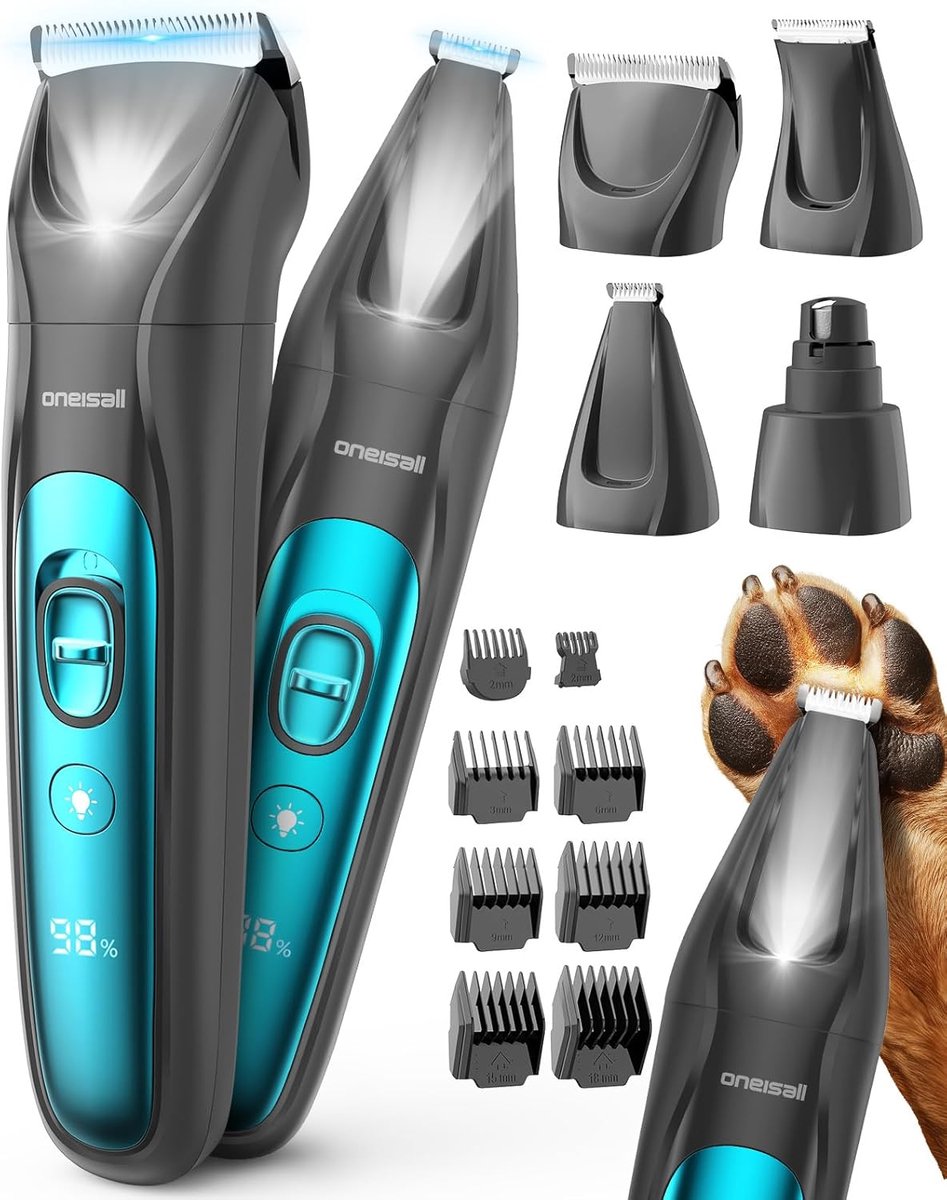 Oneisall 4-in-1 Dierentrimmer FC-10 - Hondentrimmer & Katten trimmer met LED-licht, Poottrimmer, Nagelvijl & Gebogen Mes – Stille Hondentondeuse – 2000 mAh Oplaadbaar – Kat en hond tondeuse