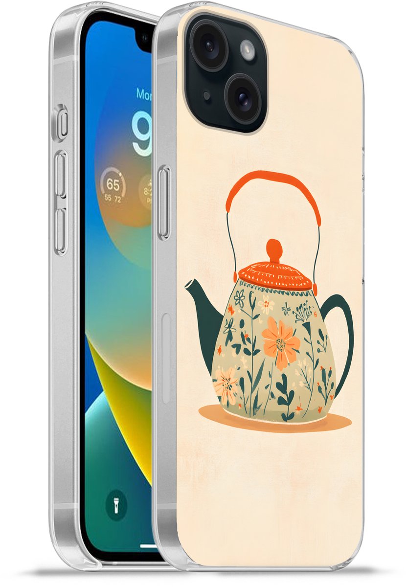 Telefoonhoesje Geschikt voor iPhone 15 Plus hoesje - Oranje - Theepot - Bloemen - Bladeren - Siliconen Telefoonhoesje Telefoonhoesje