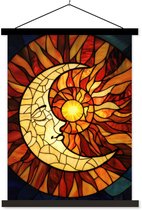 Posterhanger incl. Poster 90x120 cm - Schoolplaat - Mozaïek - Glas - Maan - Donkerblauw - Textielposter - Zwarte latten