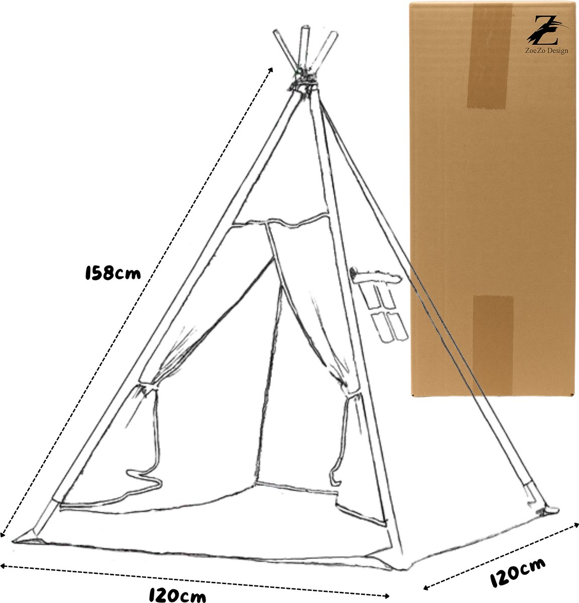 ZoeZo Design - Tipi Tent - Off-White - voor Kinderen - 100% Katoen - Wigwam Speeltent - Kindertent - Speeltent - Tipitent Speelhuis - 120x120x150cm — afbeelding 6