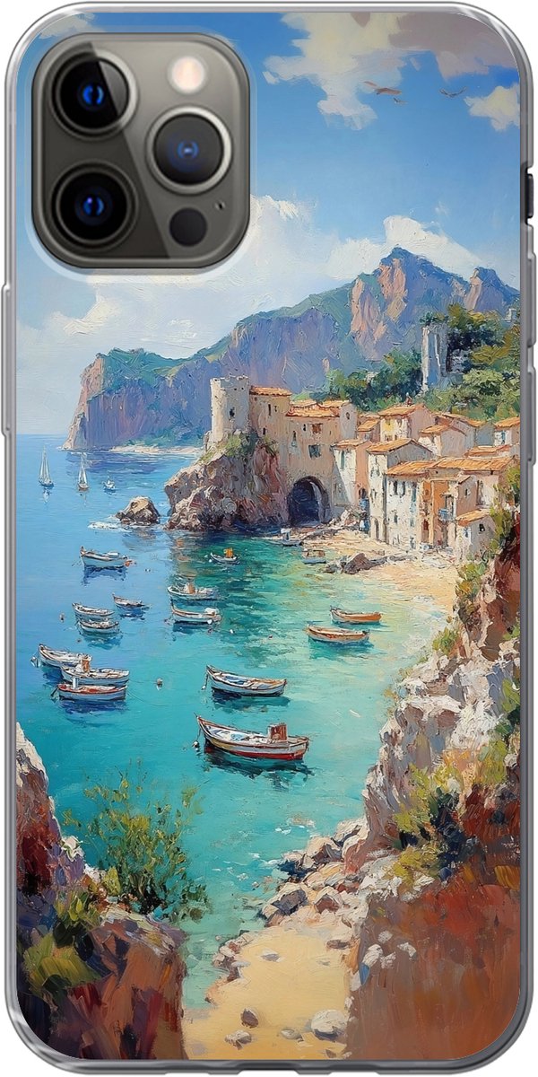 Telefoonhoesje Geschikt voor iPhone 13 Pro hoesje - Kustdorp - Schilderij - Rotsen - Boten - Siliconen Telefoonhoesje Telefoonhoesje