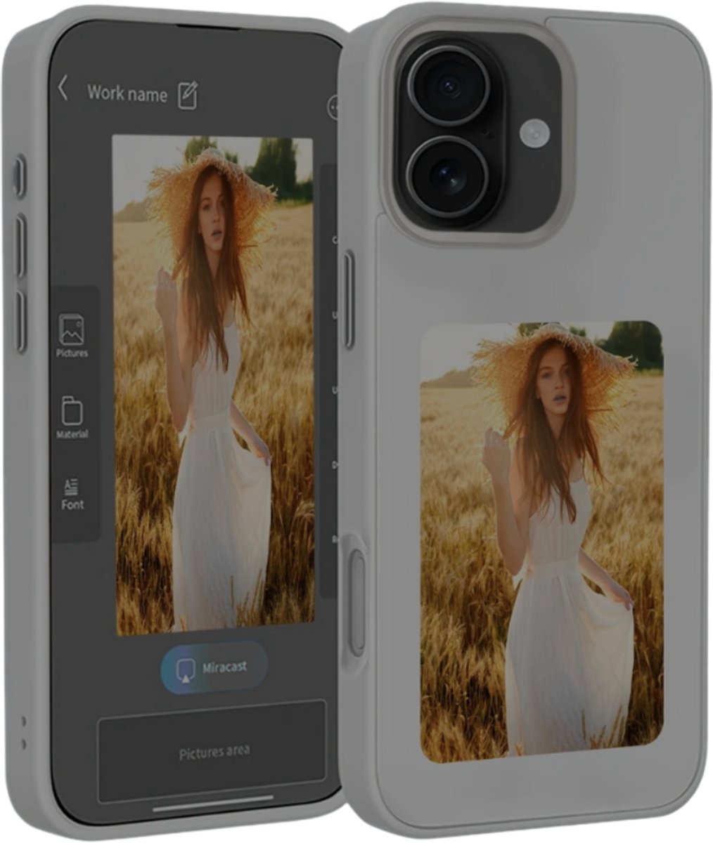 NFC Telefoon Hoesje - DIY Foto Inkt - iPhone 16 - Grijs - Telefoon - Telefoonhoesjes - Smart E-Ink Scherm - Digitale Fotolijst - Aventra Custom NFC hoesje