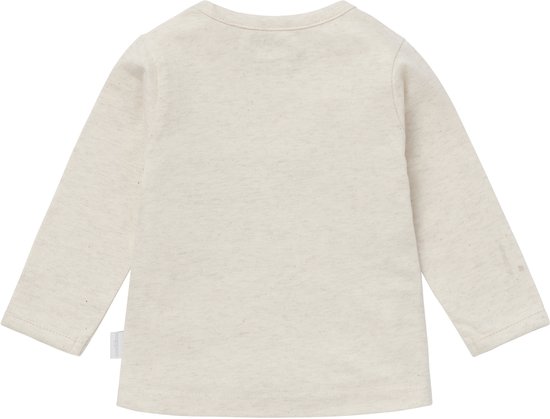 Achterkant van een oatmealkleurige longsleeve met de tekst 'little one'.