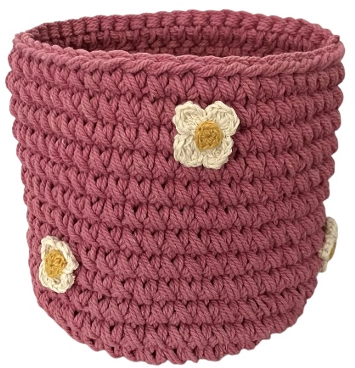 Luna-Leena sustainable basket with flowers - pink - H13x12øcm - thick cotton - hand crochet in Nepal - opberger - plantenmand - kinderkamer - kamerdecoratie - basket