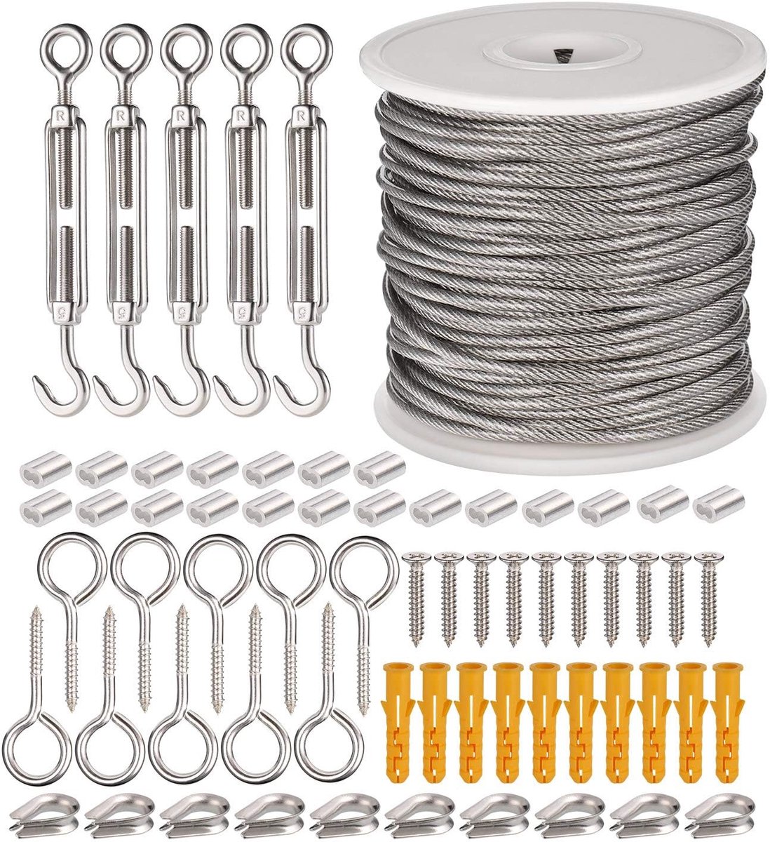 Ibenzoa® Uitgebreid Tuin- en Huishoudelijk RVS Staalkabel Kit met Accessoires voor Diverse Toepassingen