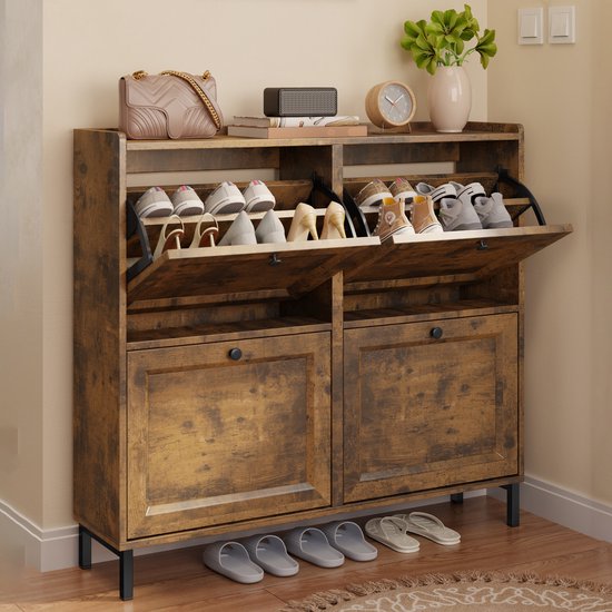 Meuble à chaussures Xbro 4 portes pliantes – Double profondeur – Étagère à chaussures moderne avec étagère supérieure – Pour couloir et chambre – 99 x 24 x 91 cm – Vintage