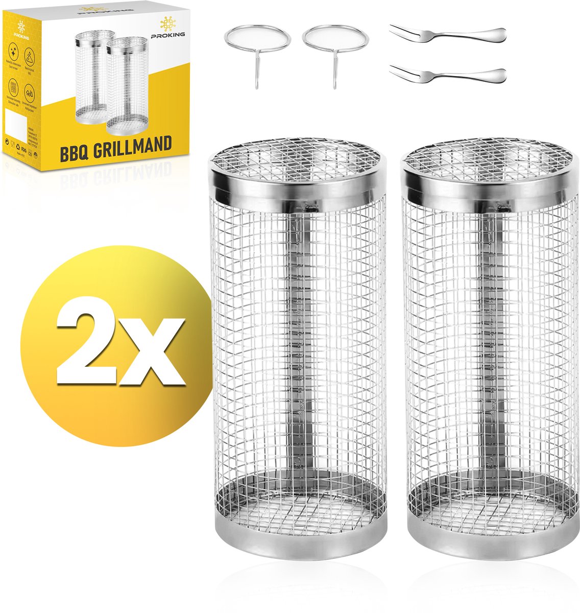 PROKING Grillmanden - RVS - Barbecue accessoires - BBQ gereedschap - Groente - Vlees - Vis - Grillen & Garen - 20 cm - inclusief haken en vorken - 2 stuks