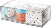 Square Qtip houder dispenser met kleine laden - Organisator met 3 compartimenten voor wattenstaafjes en watjes - Make-up opslag voor badkamer
