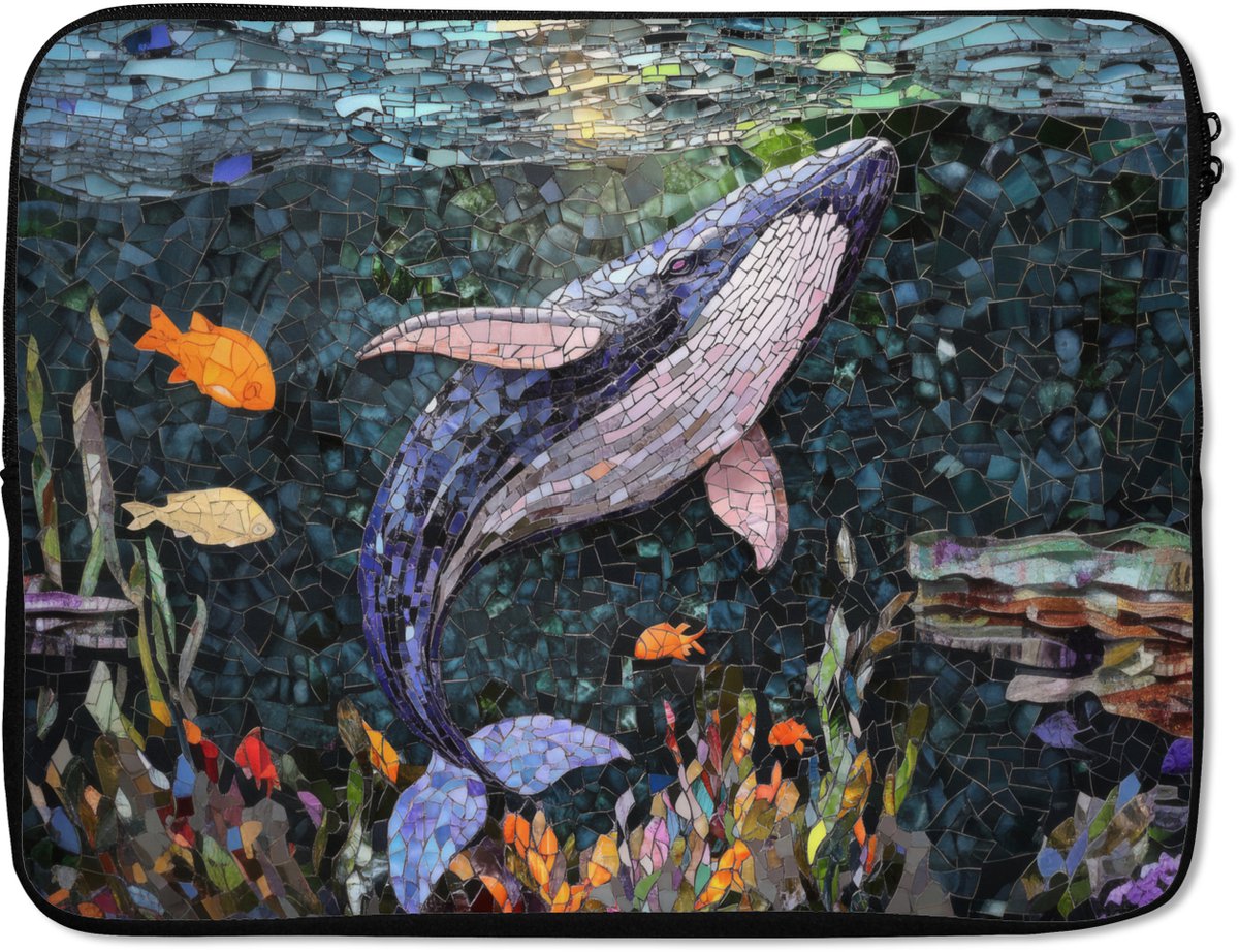 Laptophoes 15.6 inch - Mozaïek - Walvis - Koraal - Water - Laptop sleeve - Binnenmaat 37x26 cm - Zwarte achterkant