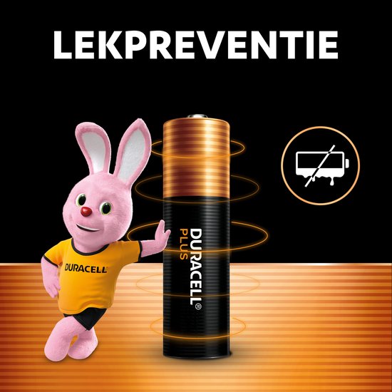 Duracell konijn met een Duracell Plus batterij en lepreventie icoon.