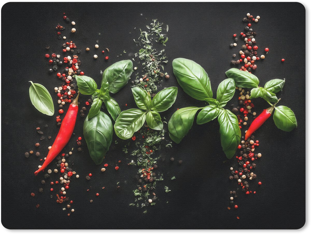 Muismat 23x19 cm - Mousepad Chilipepers - Basilicum - Blaadjes - Rood - Muismatten