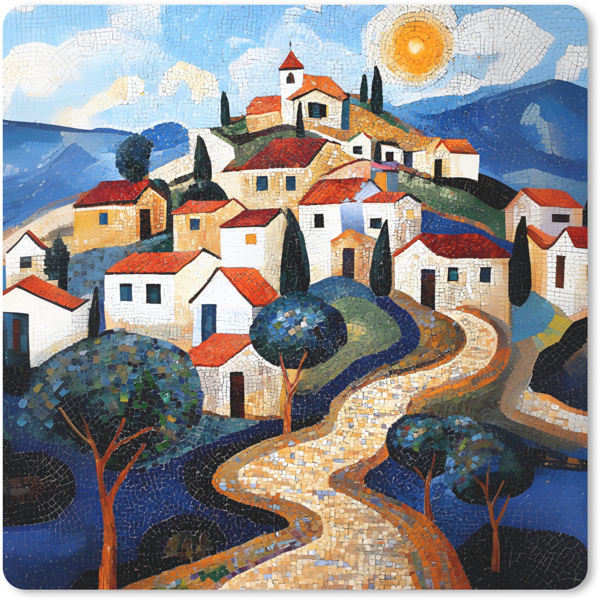 Muismat 20x20 cm - Mousepad Dorp - Heuvelachtig - Zon - Mozaïek - Muismatten