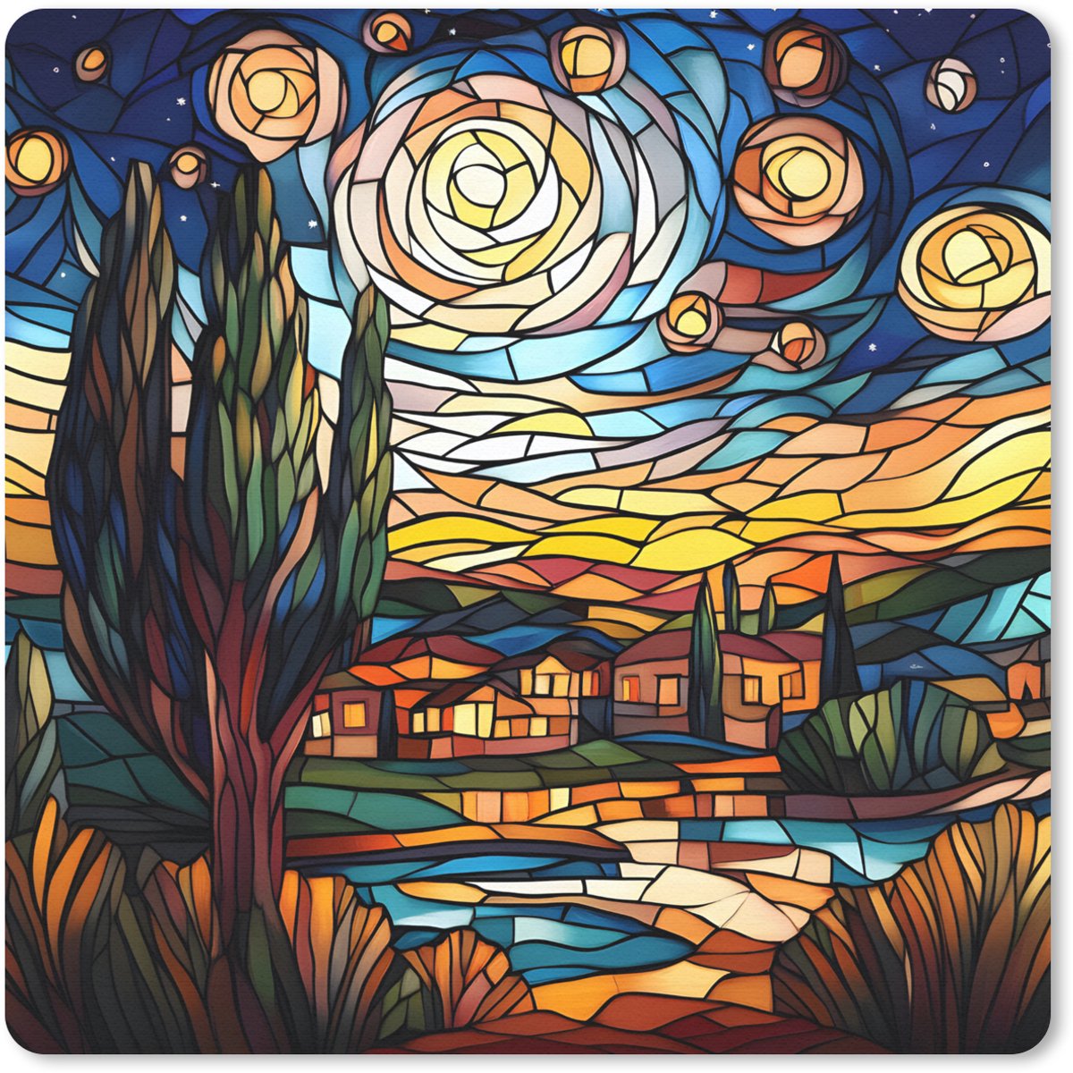 Muismat 30x30 cm - Mousepad Hemel - Sterren - Mozaïek - Huizen - Muismatten