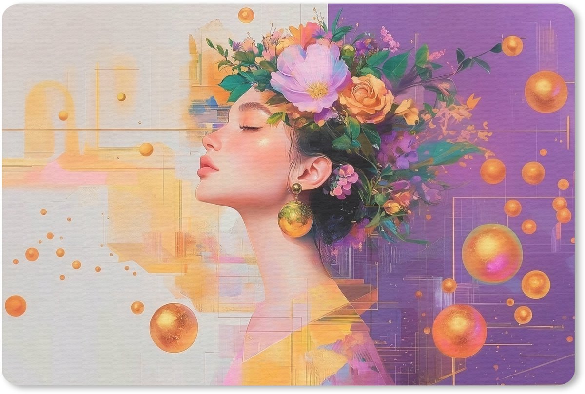 Muismat 27x18 cm - Mousepad Abstract - Vrouw - Bloemenkroon - Goud - Muismatten
