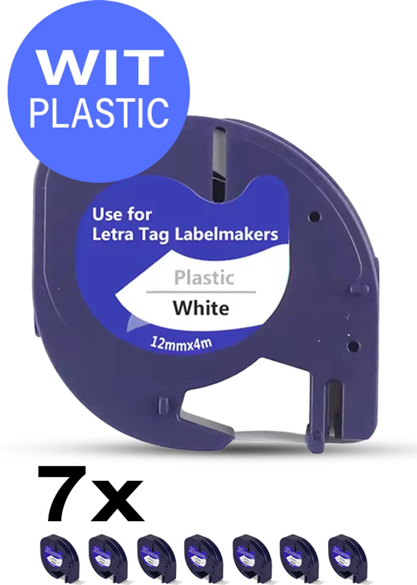 7 Stuks Navulling Geschikt Voor Dymo LetraTag Labelprinter - dymo letratag navulling - Compatible Labels 91201 / S0721610 - Zwart op Wit Plastic - 12 mm x 4 m - Etiketten/Labeltape