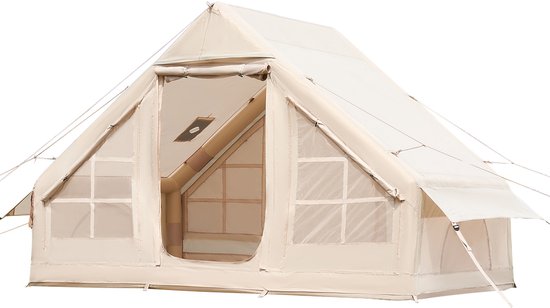 Opblaasbare Kampeertent voor 3-5 Personen, Snel Op Te Zetten met Handpomp, 4-Seizoenentent Van 300d Oxford Stof met Ovenaansluiting, Gaasramen En Praktische Opbergtas