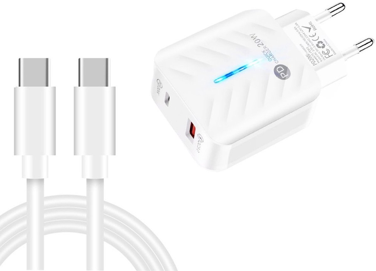 20W USB + USB-C Snellader met PD3.0 & QC3.0 - Inclusief 1m USB-C naar USB-C Kabel - Oplader lader - Geschikt voor Smartphones en Tablets - wit