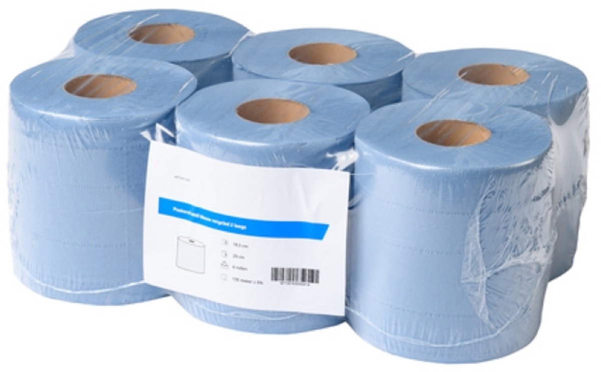 Poetsrol midi blauw recycled 2laags 20 cm 6 x 135 meter in folie
