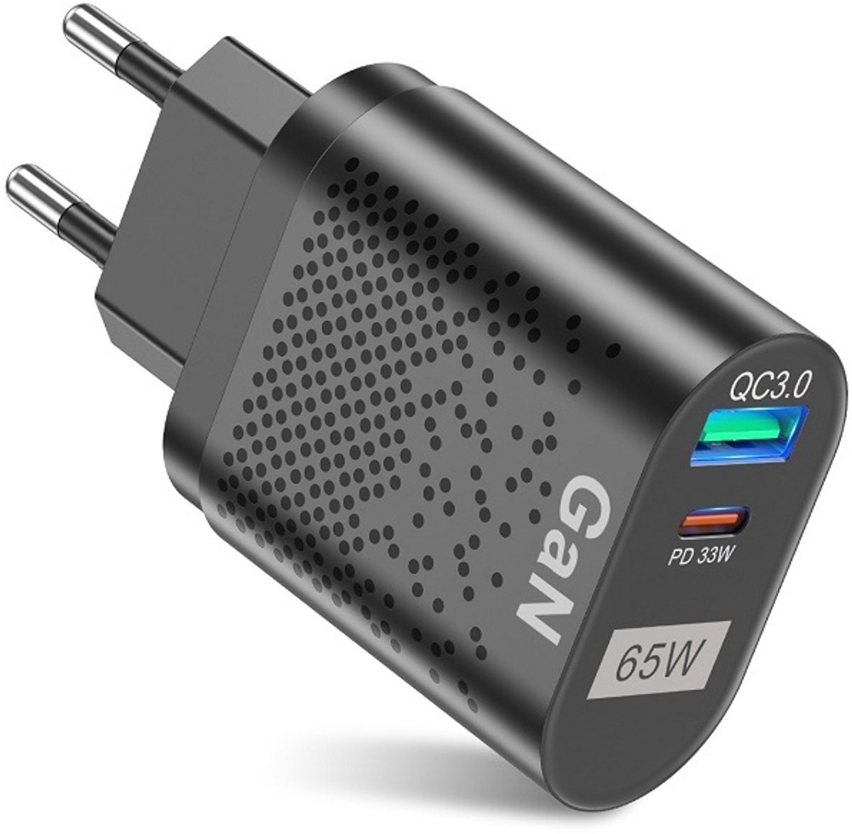 65W GaN Snellader - USB + USB-C PD33W + QC33W - Oplader - Universele Adapter Lader voor Smartphone, Tablet en Laptop - zwart