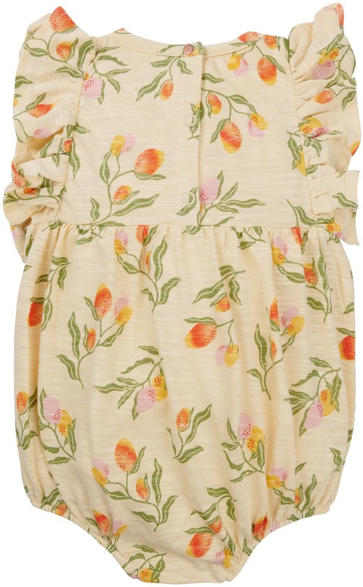 Baby broekje met pofmouwen en bloemenprint in geel met roze en oranje bloemen en groene bladeren.