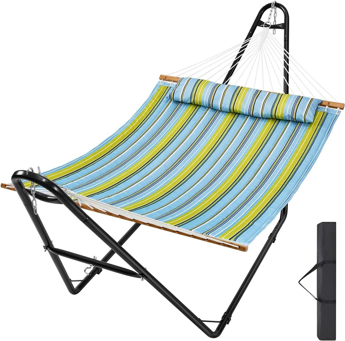 Two Person Hammock with Stand Included - Heavy Capacity 500kg - Portable Steel Stand, Carry Bag, and Cushion Included - Freestanding Hammock for Outdoor Patio