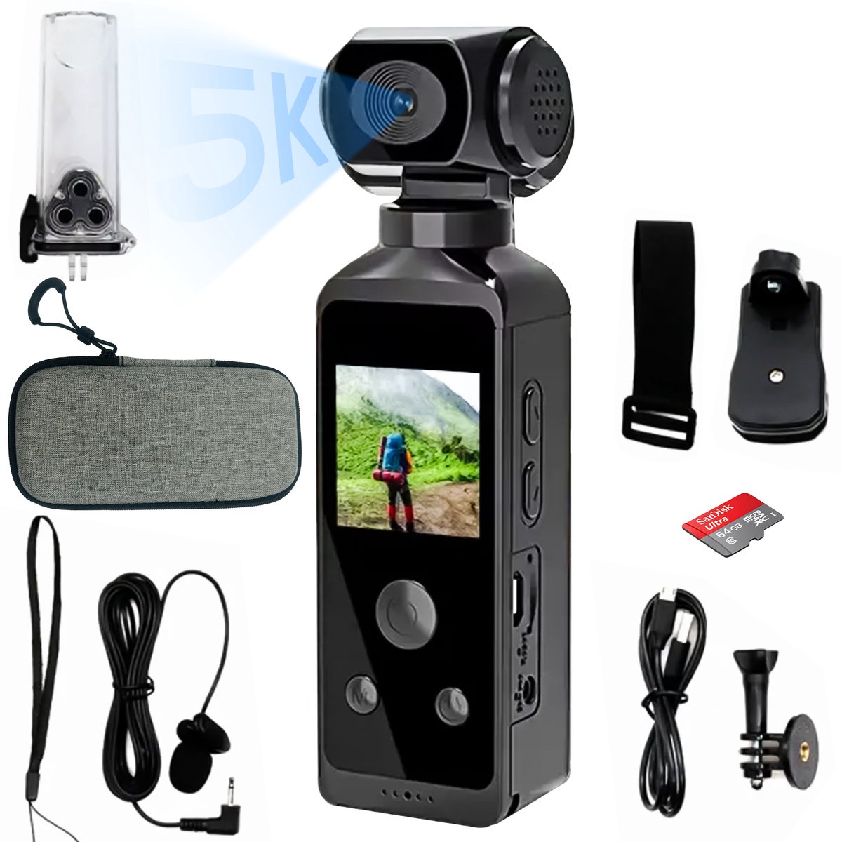 Vynox Pocket Camera 5K - 270° graden draaibare lens / 50MP / 60FPS / WiFi / 64GB Micro SD / 30M waterdicht - Action Camera 5k - Vlogcamera