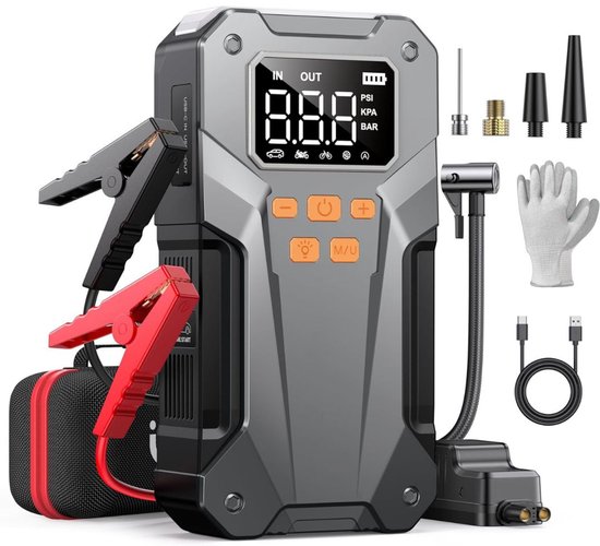 CLGP® Jumpstarter met Compressor - Startkabels - Starthulp voor Auto - Accubooster - Grijs en Zwart