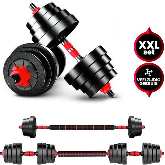 Verstelbare Dumbbell Set tot 40kg – Professionele 2-in-1 Halterset met gewichten- 2x20kg – Krachttraining – Fitness Halterstang – Dumbells - Viper Sports - Rood