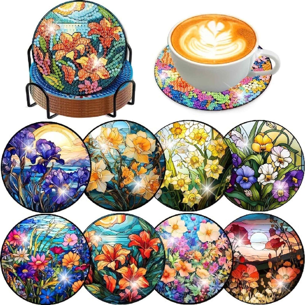 VDTOYS® DIAMOND PAINTING voor volwassenen - Veldbloemen - Onderzetters - Coasters - Onderleggers - Ronde steentjes - 8 stuks - Compleet Hobbypakket - set S VELDBLOEMEN
