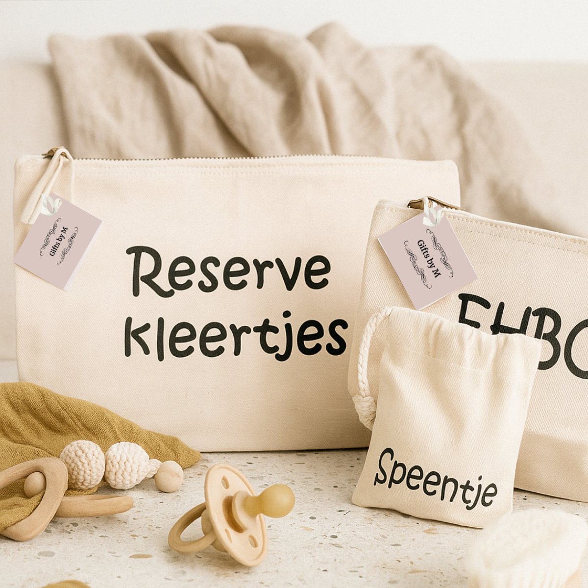 Baby Organizer Set - Gifts by M - Reserve Kleertjes - EHBO - Speentje - Set van Organizers - Luiertas - Bewaaretui - Etui - Katoen - Baby - Naturel