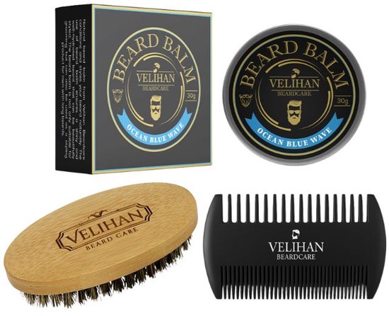 Velihan Beardcare - Baardverzorging Trio Pack - Baardbalsem Ocean Blue Wave 30g, Baardborstel en Baardkam - Baardverzorging set - Cadeau voor hem - Baardverzorging - Baard olie - Cadeau voor vriend - Baardgroei - Perfecte cadeau voor man