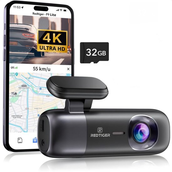 RedTiger F9 Lite Dashcam voor auto - Ultra 4K - Voor Camera - WiFi en GPS - met App - Dashcams - Sony Sensor - Nachtzicht - Parkeerbewaking - G Sensor - Loop opname -