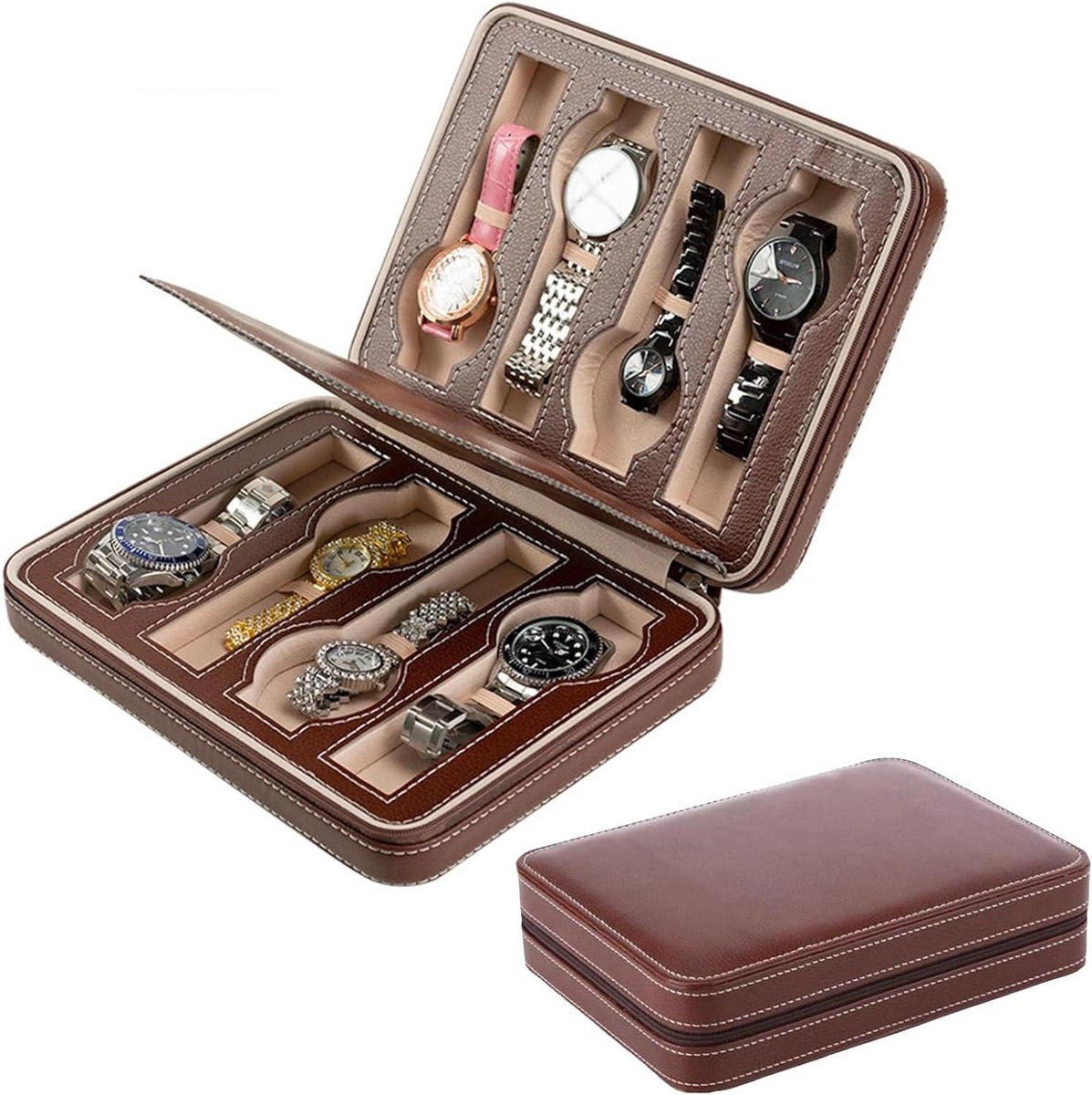Allecto Plus - Opbergdoos voor horloges en sieraden - Draagbare reis-collector met 8 vakken - Organizer met ritssluiting - Geschikt voor ringen, armbanden en halskettingen - 1 stuk
