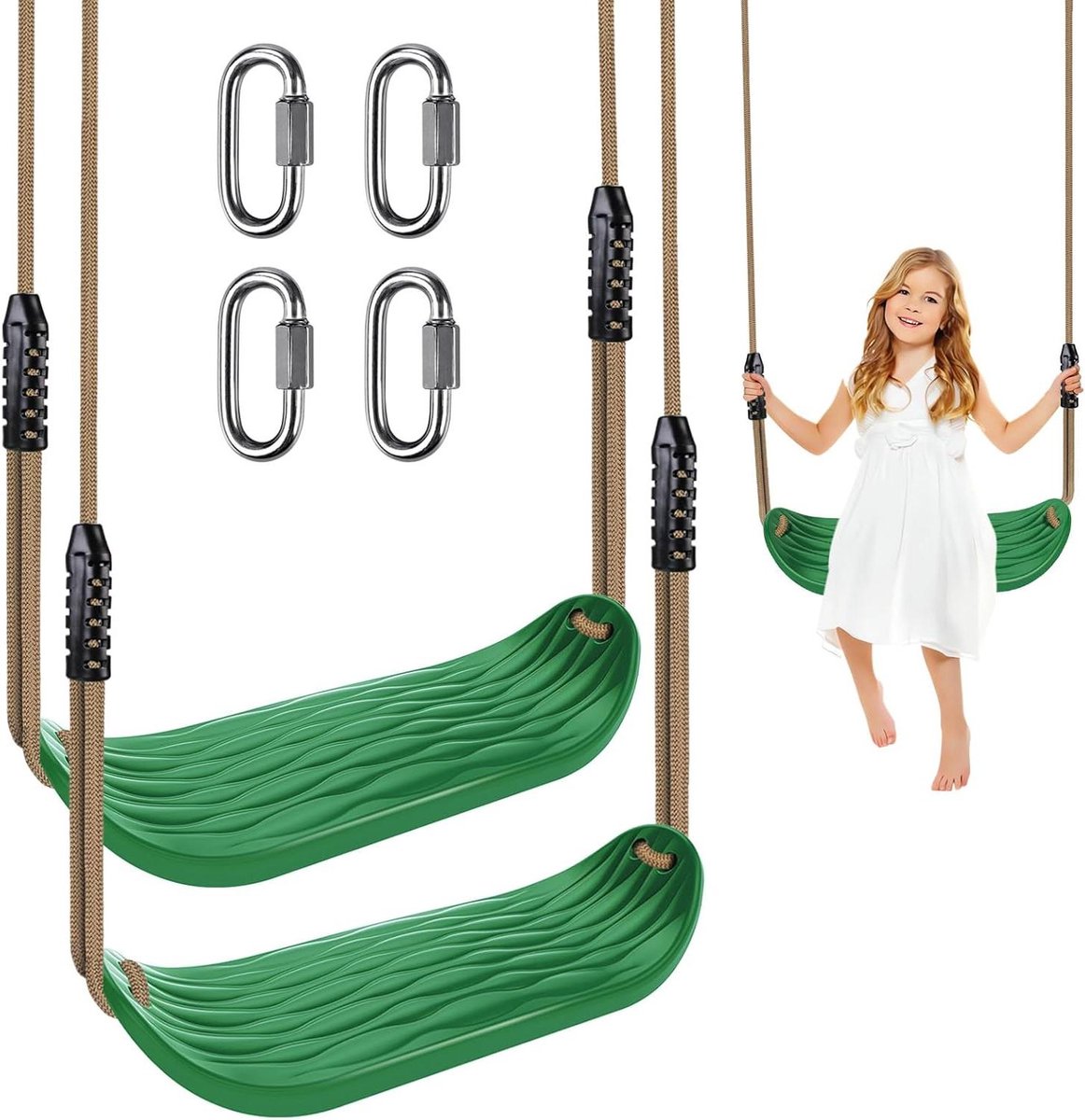 Allecto Plus - 2-delige Schommelstoelset voor Kinderen - Binnen/Buiten - Verstelbare 130-200cm Touw - Groen met Water Rimpels - Max. 250 lbs