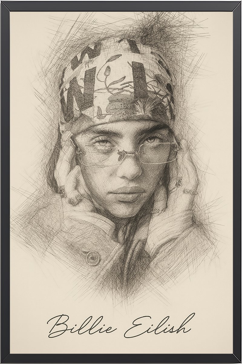 Billie Eilish Poster Ingelijst A3– 30x42cm – Handgetekend Portret – Met Zwarte Lijst – Muziek Poster Wanddecoratie