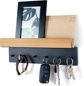 Sleutelrek hout met plank - sleutelhouder met 6 haken - wandsleutelbord voor entree
