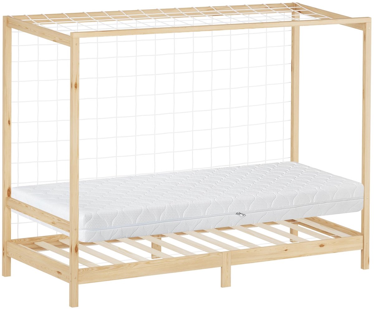 ml-design voetbal kinderbed peuterbed 90x200 cm naturel inclusief matras H:16 cm lattenbodem net massief grenenhouten bedframe valbeveiliging dakconstructie jeugdbed speelbed vloerbed juniorbed voor jongens en meisjes Beige