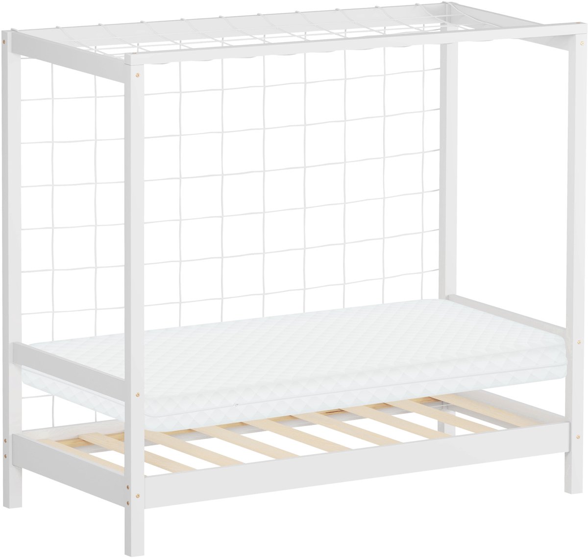 ml-design voetbal huisbed kinderbed 70x140 cm inclusief matras massief grenenhout wit met lattenbodem net en voetbaldoel valbeveiliging dakconstructie speelbed vloerbed juniorbed jeugdbed voor jongens en meisjes