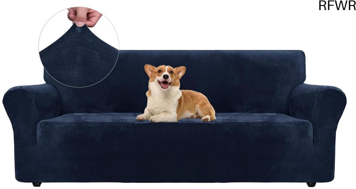 RFWR® Rekbare Bankhoes 3 Zits | Elastische Sofahoes Voor Woonkamer | Anti-slip & Krasbestendig | Donkerblauw