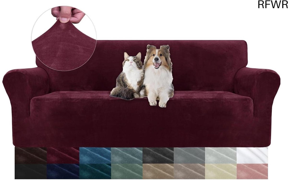 RFWR Rekbare Fluwelen Bankhoes voor 3 Zits, Krasbestendige Sofahoes met Armleuningen voor Huisdieren - Perfecte Pasvorm voor Woonkamer Bourgondië