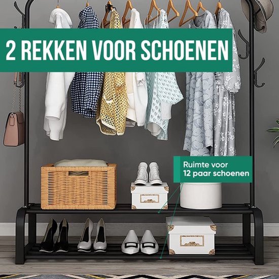 Sierra Industrieel Kledingrek Enkele Stang - Metaal - 110x33x155 CM - Zwart - Opbergruimte Voor Schoenen - Garderoberek Met Haken