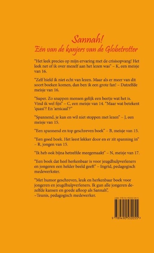Boekomslag met citaten, de titel 'Sannah! Eén van de kanjers van de Globetrotter' en een ISBN-nummer.