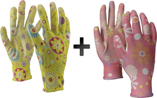 Afbeelding van een duo-pack: gele en roze tuinhandschoenen.