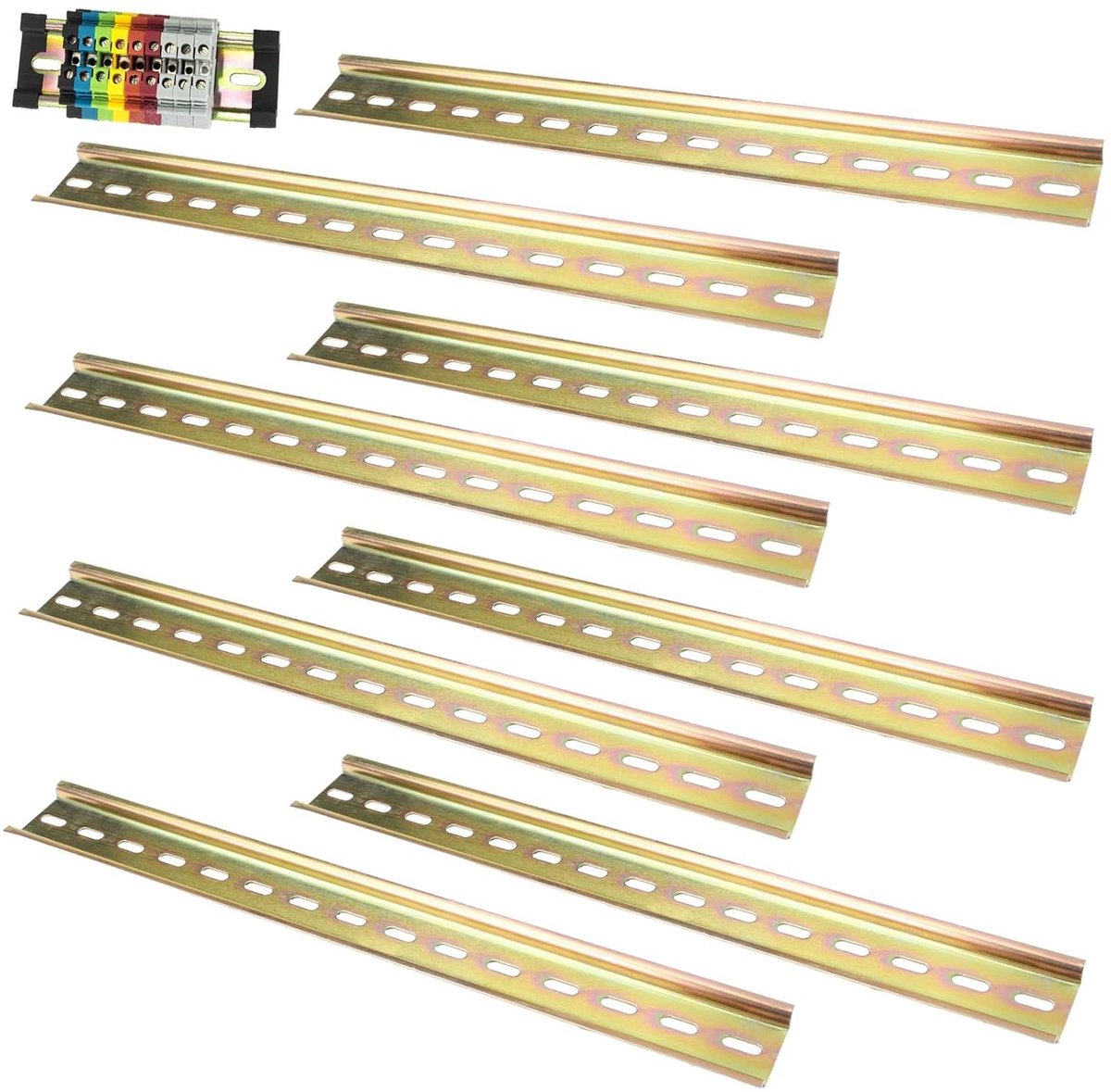 Stalen DIN-rails voor installatie elektrische apparaten - Pack van 8 - Breedte 295 cm - Hoogte 75 mm - Lengte 35 cm - Praktische stroomonderbreker beugels