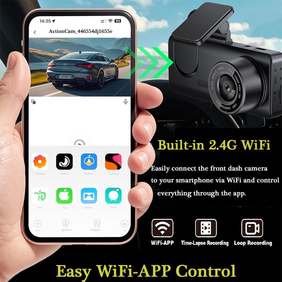 1080P Dashcam met wifi voor auto's, 3-kanaals dashcam voor en achter, 2,0 inch IPS-scherm, loop-opname, G-sensor, WDR, 24-uurs parkeermodus, bewegingsdetectie – foto 4