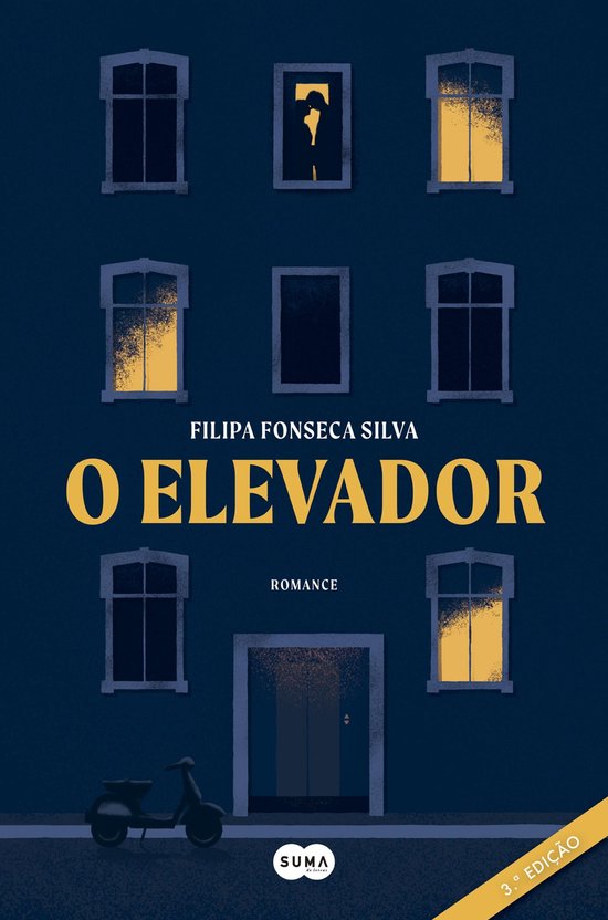 Livre "O Elevador" avec une illustration d'un bâtiment sombre avec des fenêtres éclairées et un scooter.
