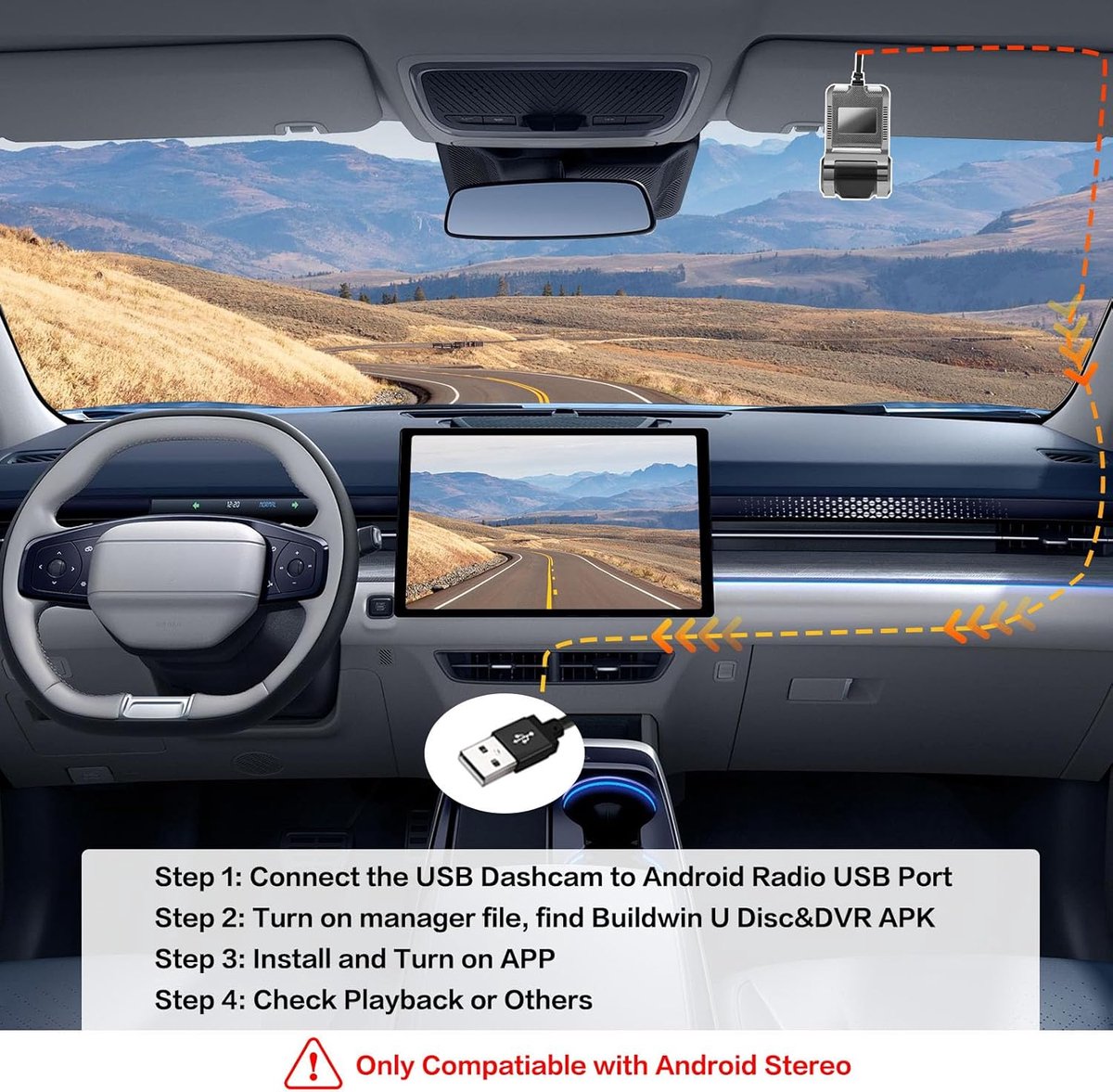 USB-auto DVR-camera/videorecorder, loop-opname ADAS, dashcam, met 32 GB SD-kaart, 24-uurs parkeermodus, rijrecorder, dashcam voor Android, radio, stereo, GPS, dvd, nachtzicht, Full HD – foto 3