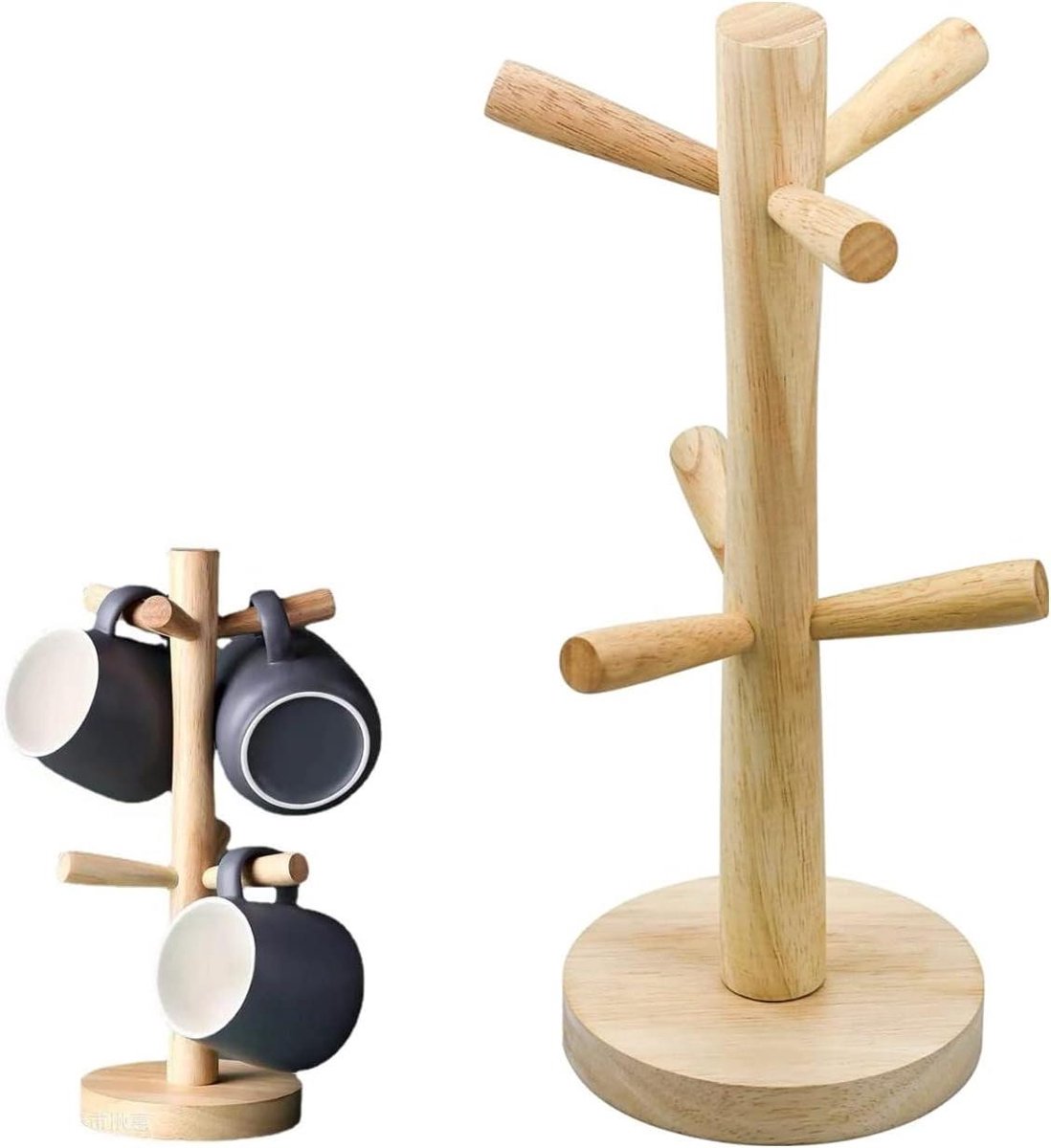 Houten Bekerhouder Stand Met 6 Haken - Opbergrek Voor Koffiemokken en Theekopjes - Keuken Accessoire voor Aanrecht Tafelblad.