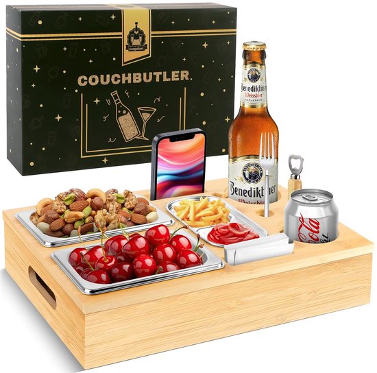 Snackschalen, bamboe dienblad, wijnglashouder, dienblad voor gerechten, 2 snackschalen, roestvrij staal, bankdienblad, geschikt voor woonkamer, bank, restaurant, picknick